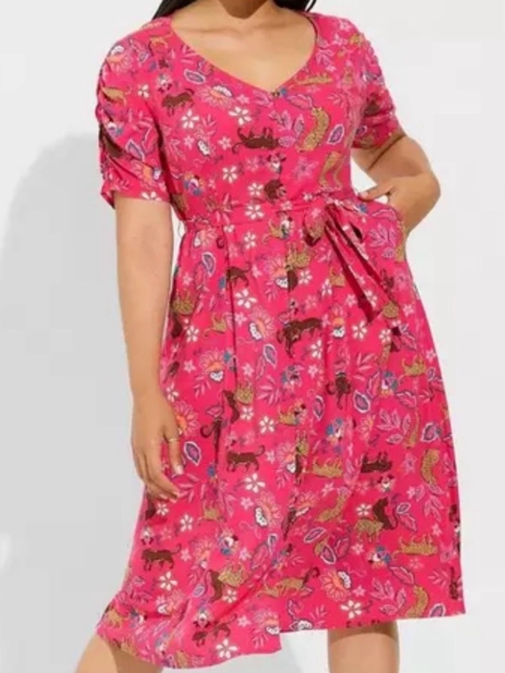 NWT Torrid Slub Button Hot Pink V-Neck Tie-Waist Midi Dress